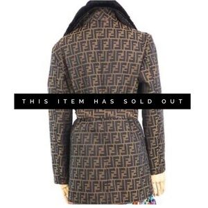 FENDI FF MONOGRAM COAT WITH FUR HOOD, SIZE M/L